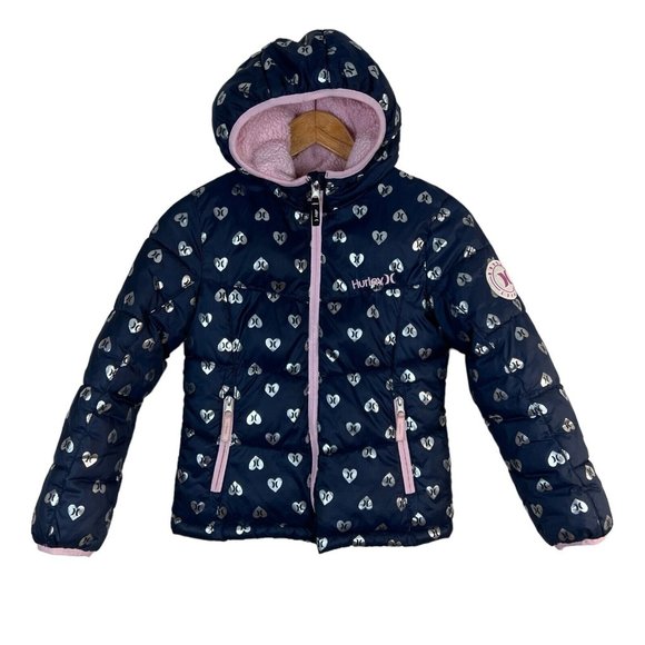 Hurley Puffer Jacket Girls S 8 10 Heart Navy Silver Fleece Lined Hooded Full Zip - Picture 1 of 14
